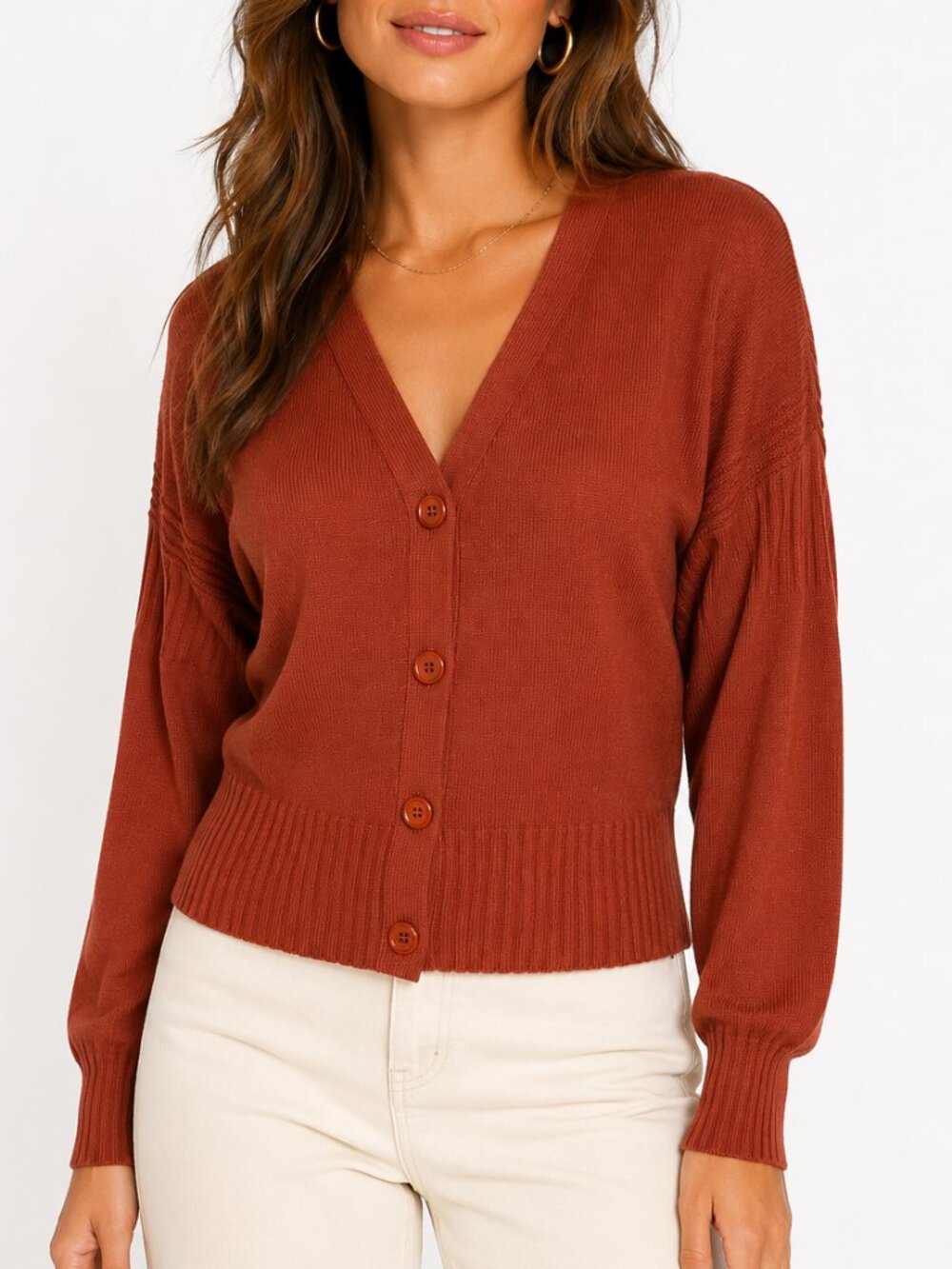 CYRUS Whimsigoth Rust Orange Ribbed V-Neck Button Cardigan Sweater Medium M